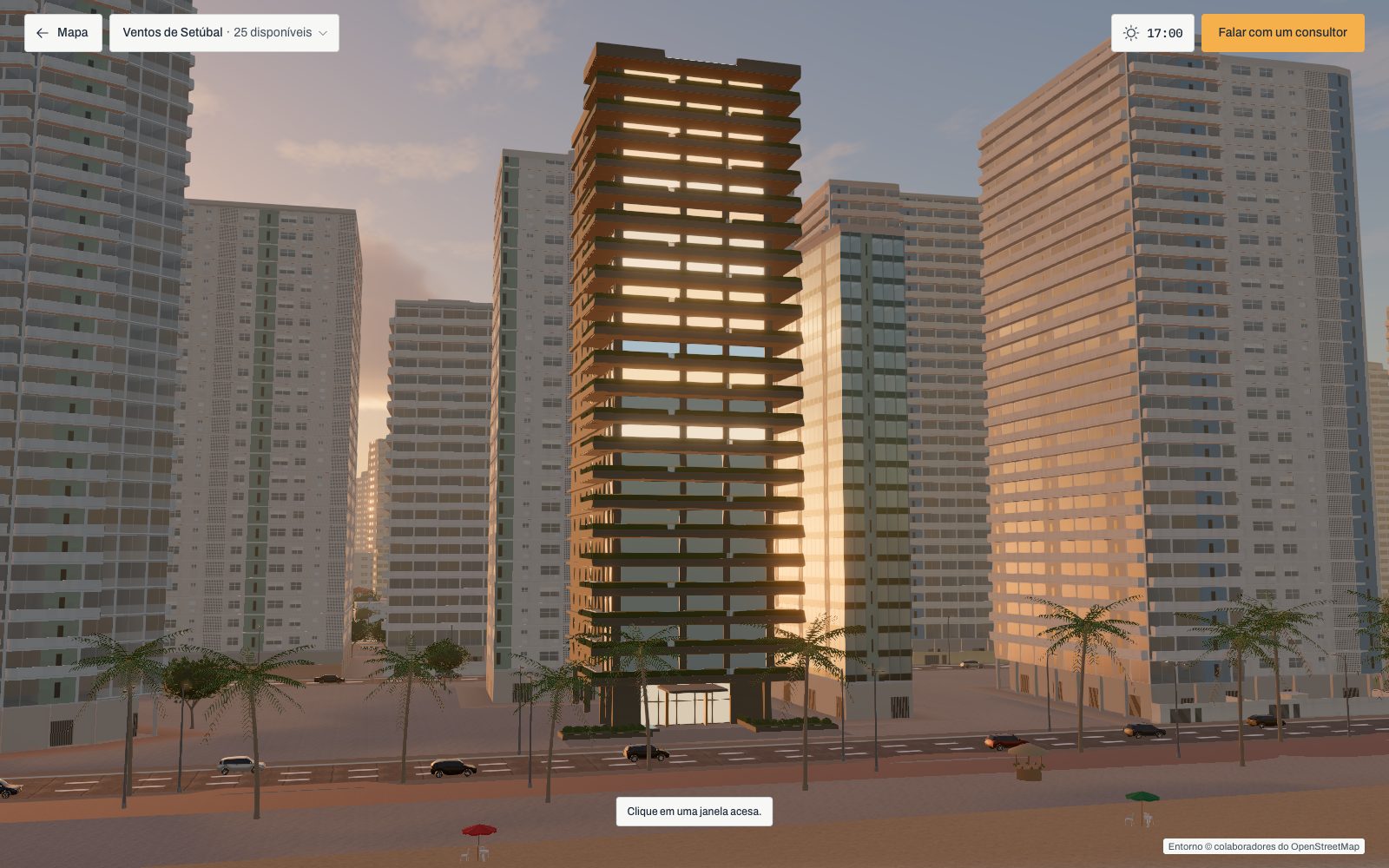 A fachada de uma torre ao entardecer, com as janelas das unidades à venda acesas.