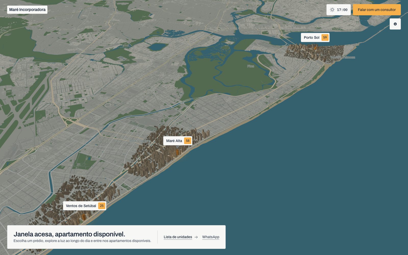 O mapa 3D de Boa Viagem, em Recife, com as três torres da demonstração na beira-mar.
