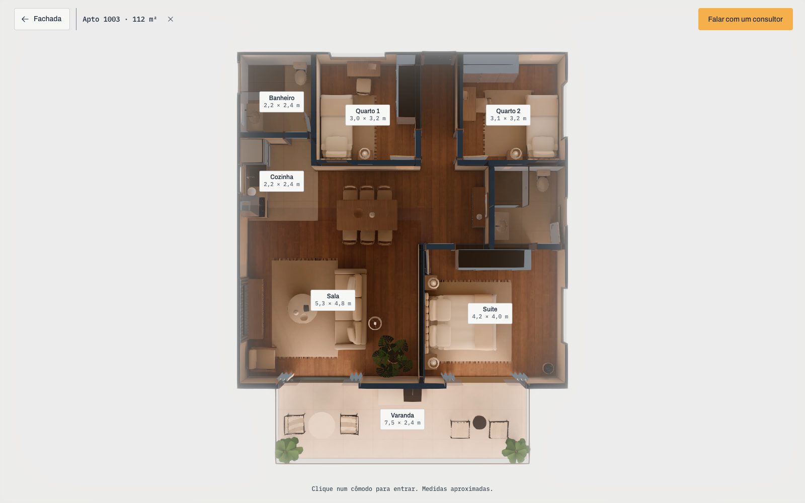 A planta de um apartamento da demonstração vista de cima, com os nomes dos cômodos, desenhada a partir do modelo 3D.