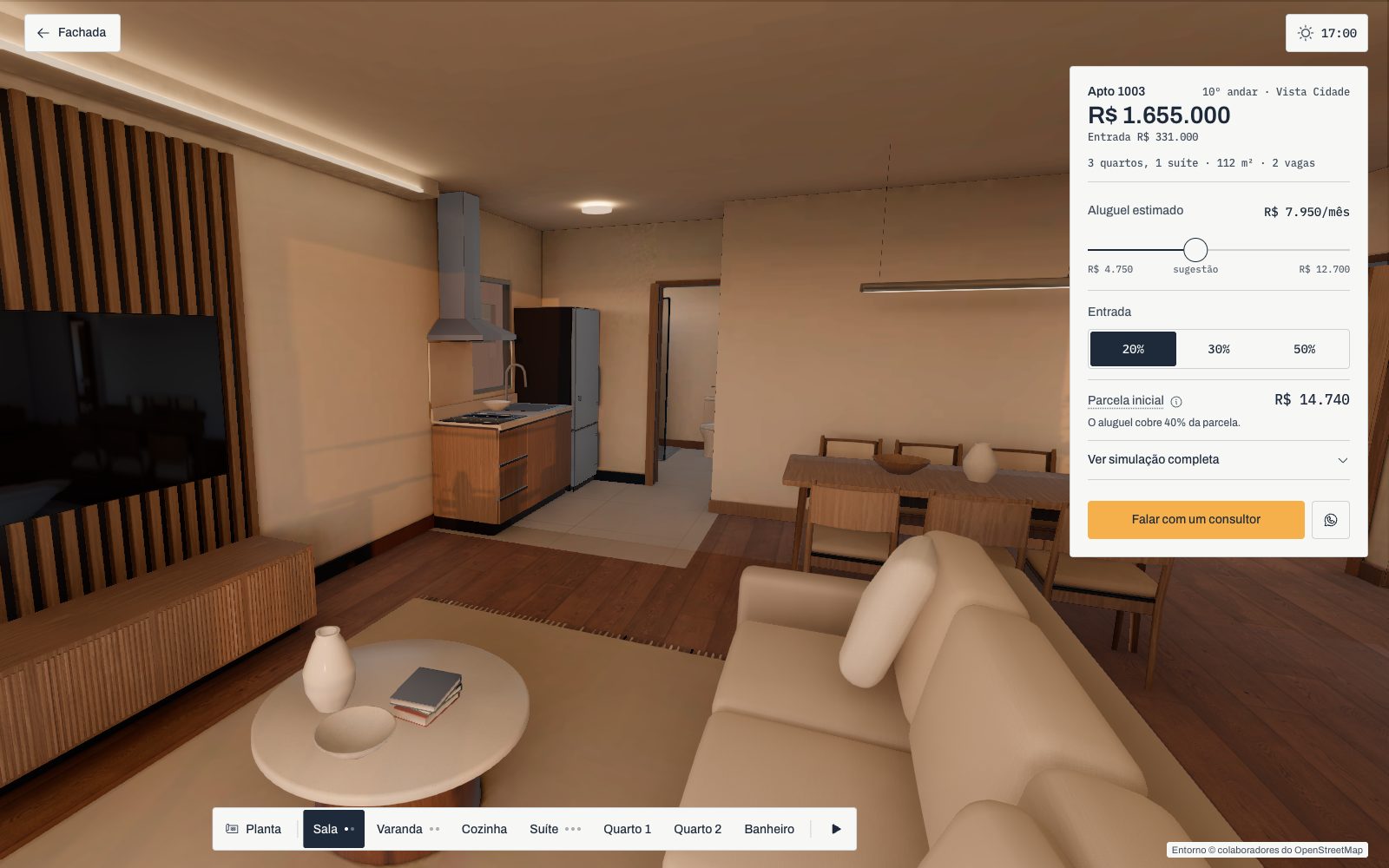 A sala do apartamento em 3D, com o painel de preço, entrada e aluguel ao lado.