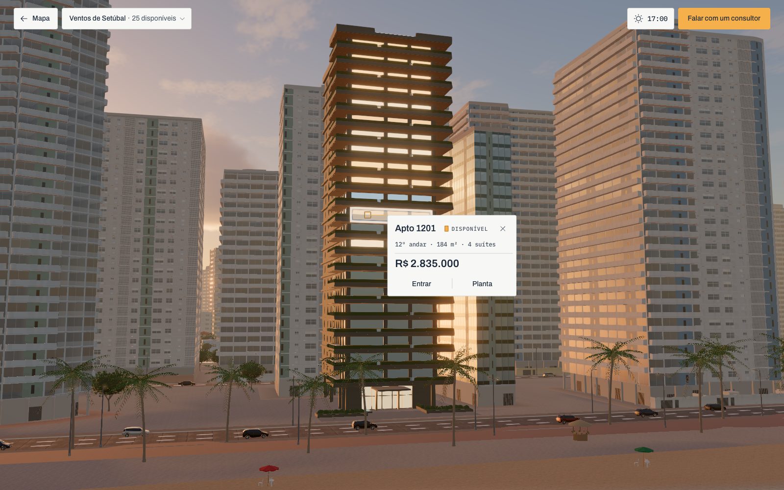 O Acesa Vitrine no computador: a fachada de uma das torres da demonstração ao entardecer, com as unidades à venda acesas e o cartão de um apartamento escolhido, com andar, área e preço.