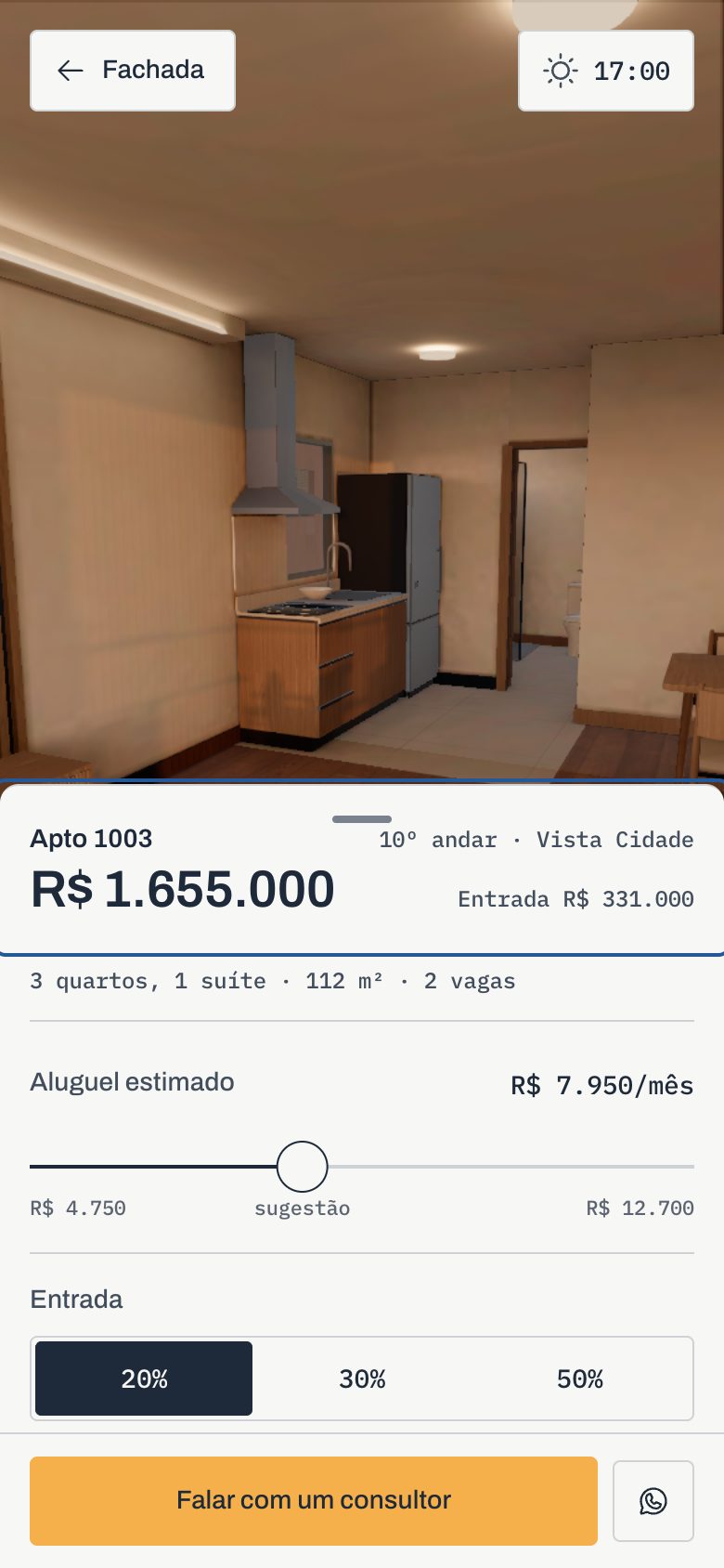 O painel de uma unidade no celular: preço, entrada, o controle do aluguel estimado com a sugestão da incorporadora e a escolha do percentual de entrada.
