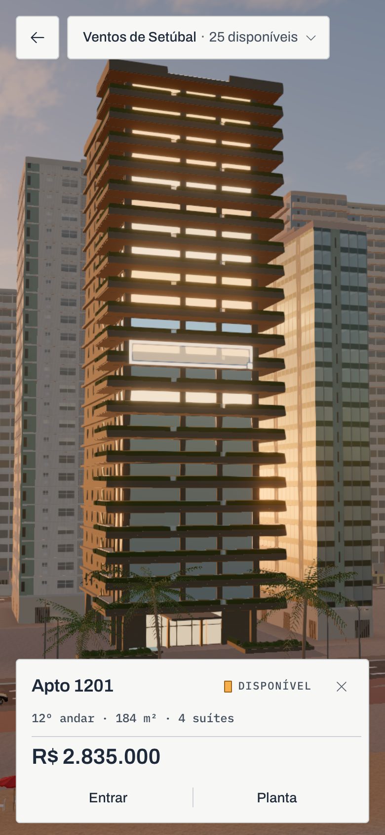 No celular, a fachada de uma torre com as unidades à venda acesas e o cartão de uma unidade.