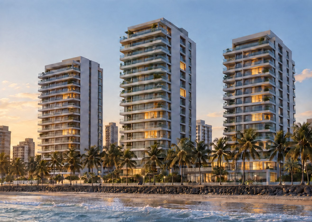 Três torres residenciais brancas na beira-mar ao entardecer, com algumas janelas acesas.