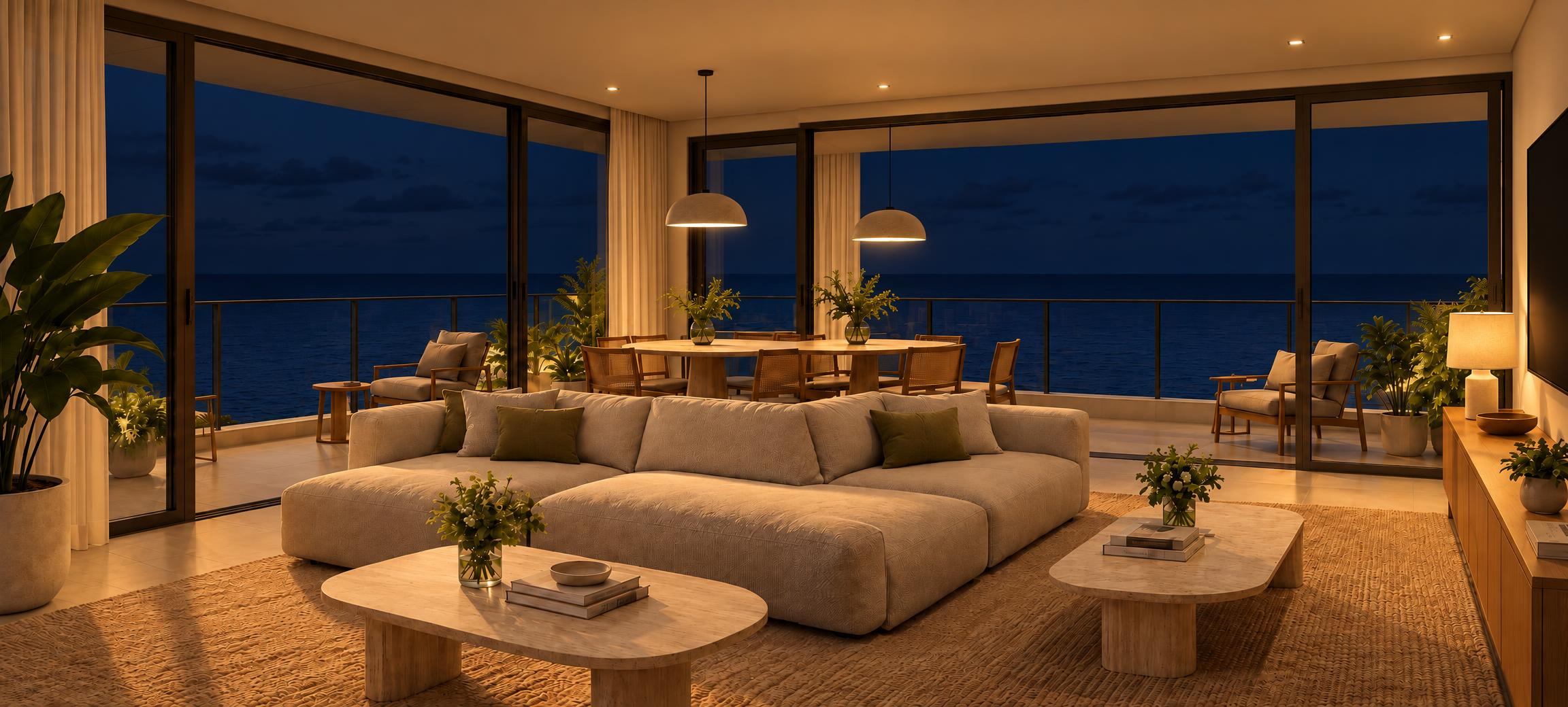 A sala às 22h, com os abajures acesos e o mar escuro.